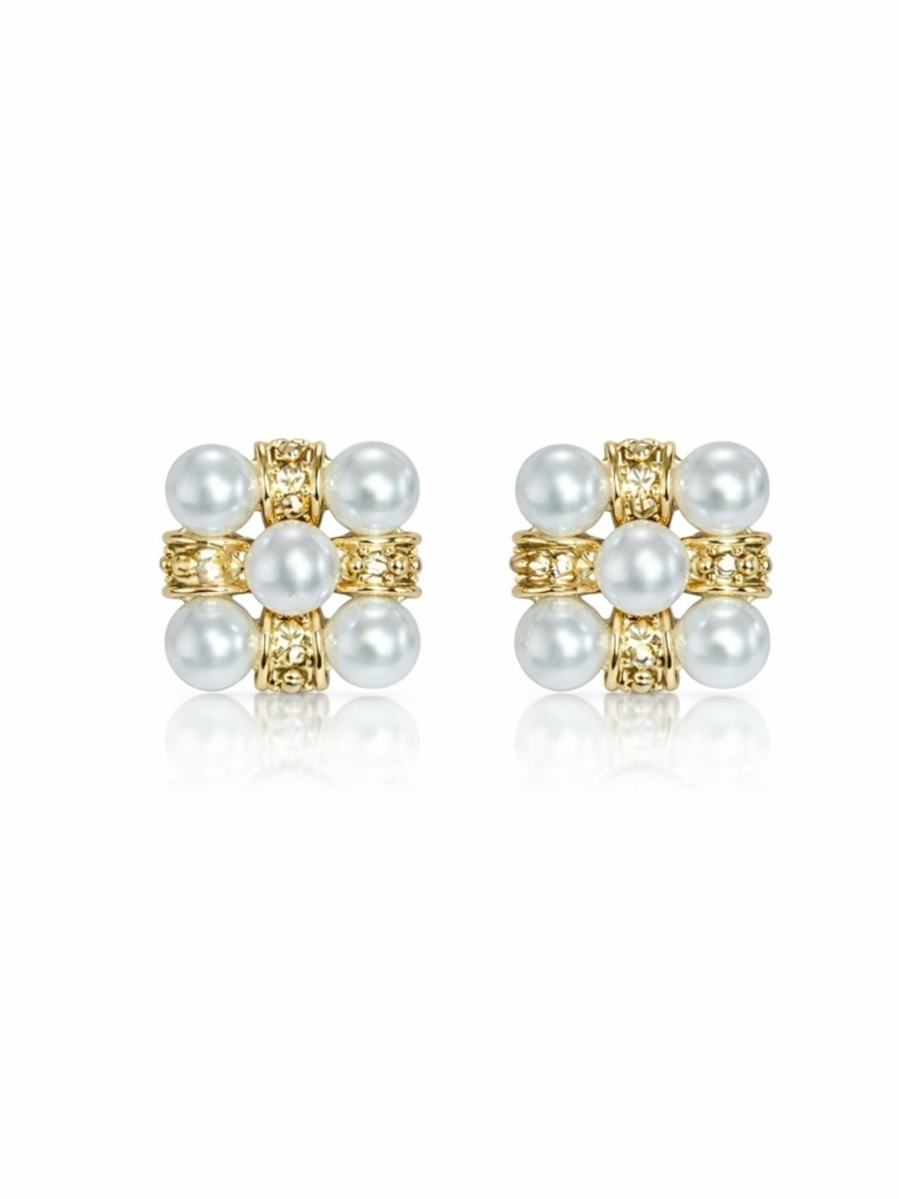 Gold and White Pearl Cluster Stud Earrings